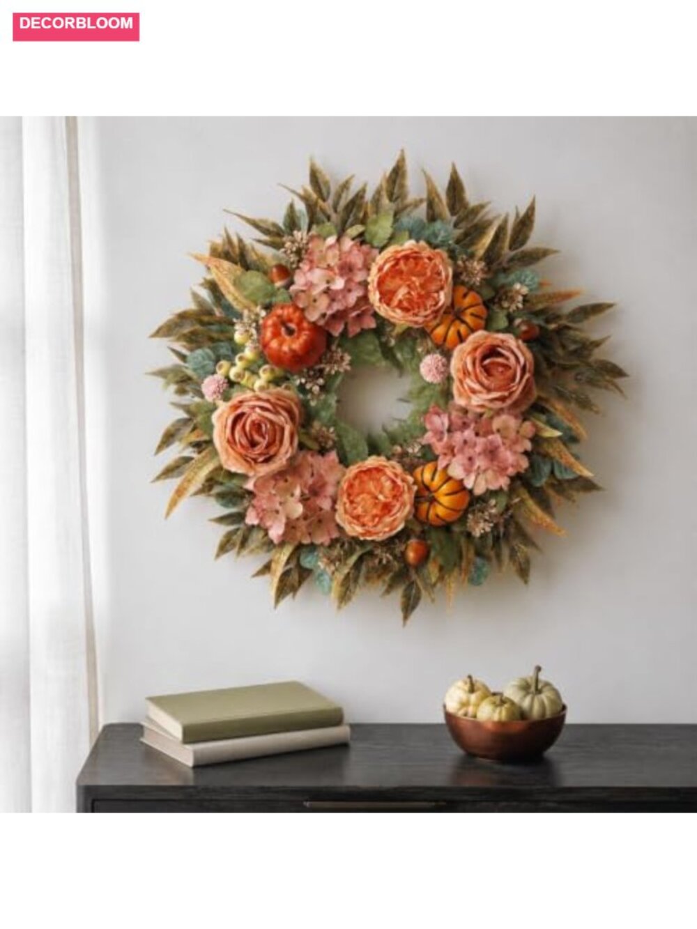 Artificial Hydrangea Pumpkin Fall Wreath for Front Door Decor - Picture 4 of 6